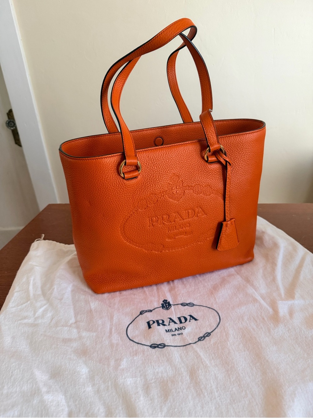 Prada Vitello Phenix Embossed Logo Tote Orange Pebbled Leather Gold Hardware